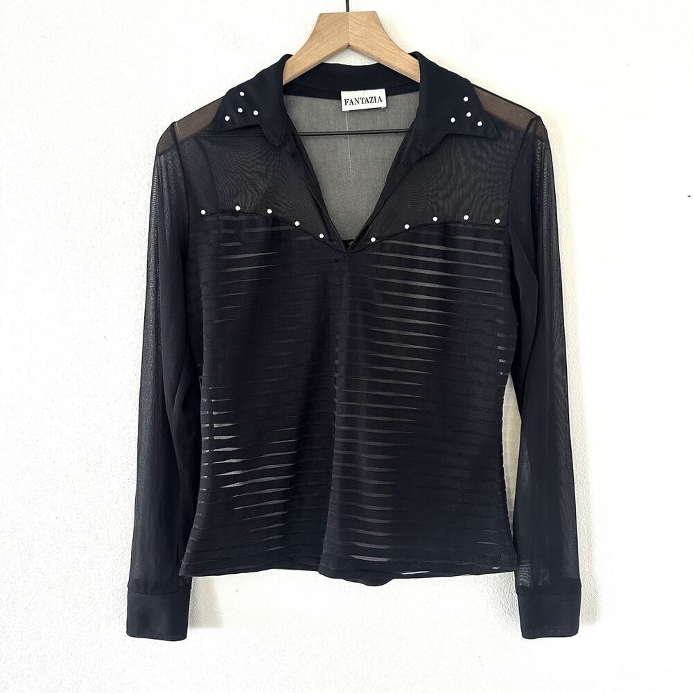 Vintage 90s Sheer Sheer Mesh Long Sleeve Rhinestone Top Fantazia S Vamp Goth